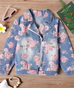 جاكت بناتي جينز بطباعة ورود سوست جانبية